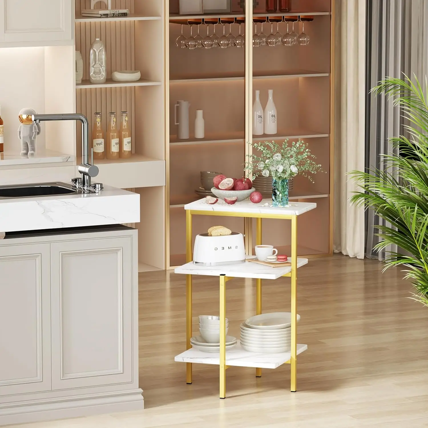 Gold End Table Set Of 2, 3-Tier Marble Coffe Table,Small Sofa Side Table Bedside Table, Rectangle Console Table W/Metal