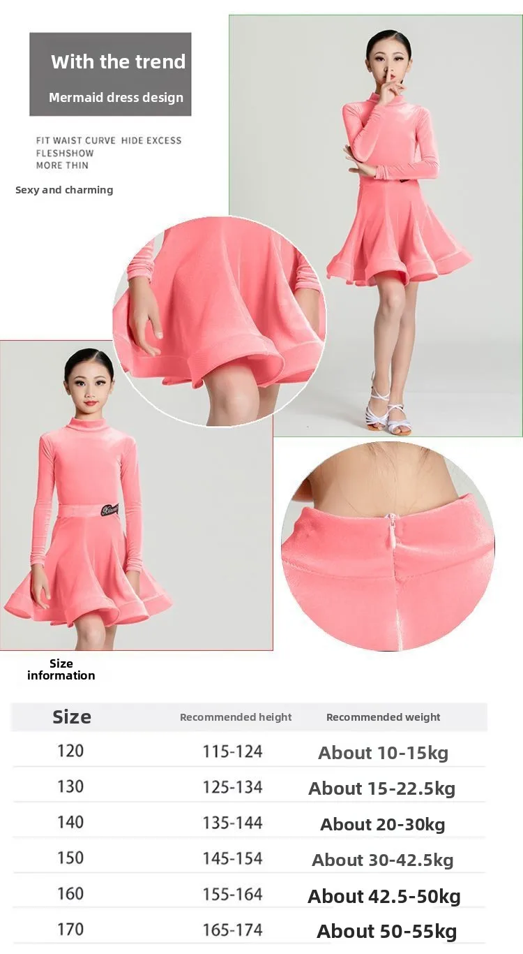 Новая зимняя детская юбка для латинских танцев, бархатный тренировочный костюм с длинными рукавами, танцевальный костюм для девочек, профессиональный детский конкурс