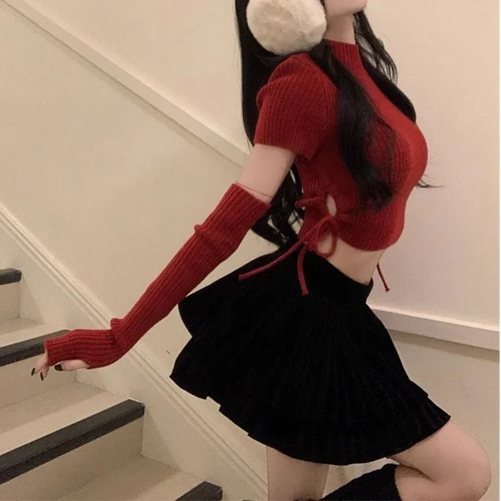 

Detachable Sleeve Knitted Sweater Women Korean Clothing Patchworked Lantern Flounce Panelled Jacquard Texture Bohemian Inspired