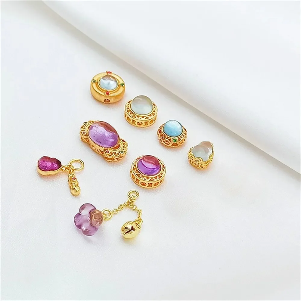 

18K Gold-plated Natural Aquamarine Scattered Beads Oval Tassel Pendant, Handcrafted Diy Jewelry Bracelet Accessory