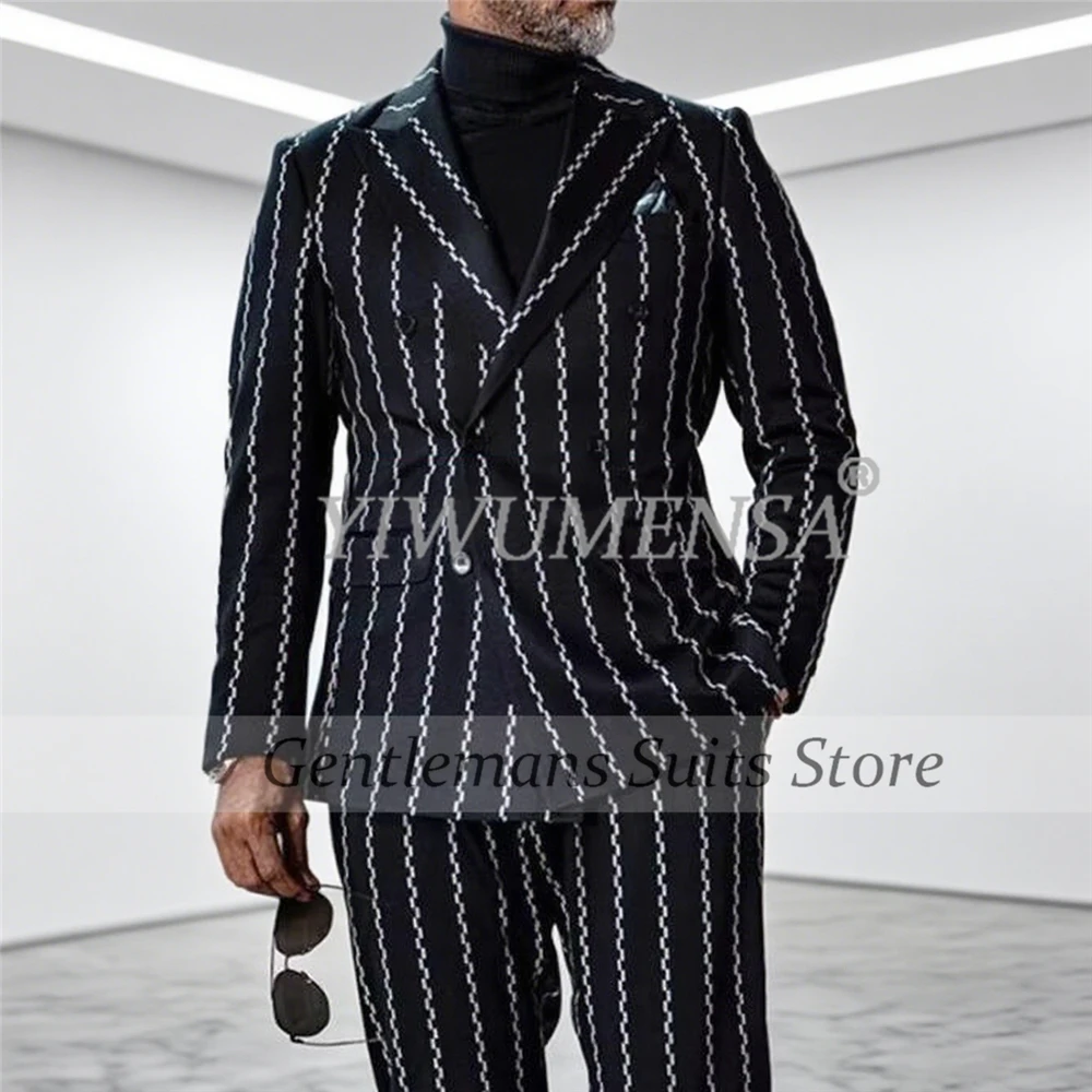 

British Style Stripes Business Suits Men 2 Pieces Sets Double Breasted Man Blazers Customized Groom Daily Wedding Tuxedos 2026