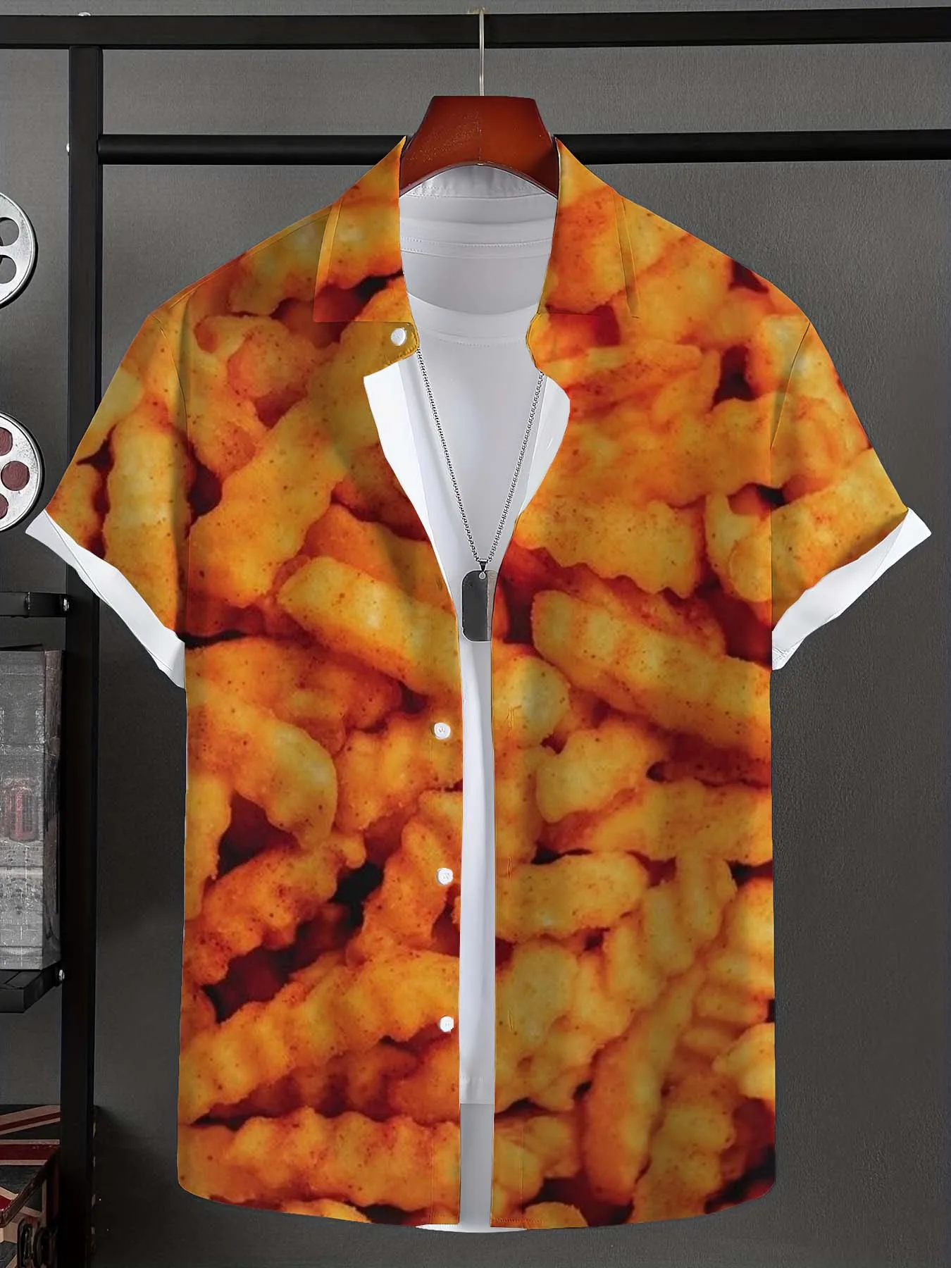 Hawaiian Shirt For Men Funny Snack pattern 3D Printed Short Sleeve Shirts Summer French fries Tops Oversized Men Clothing