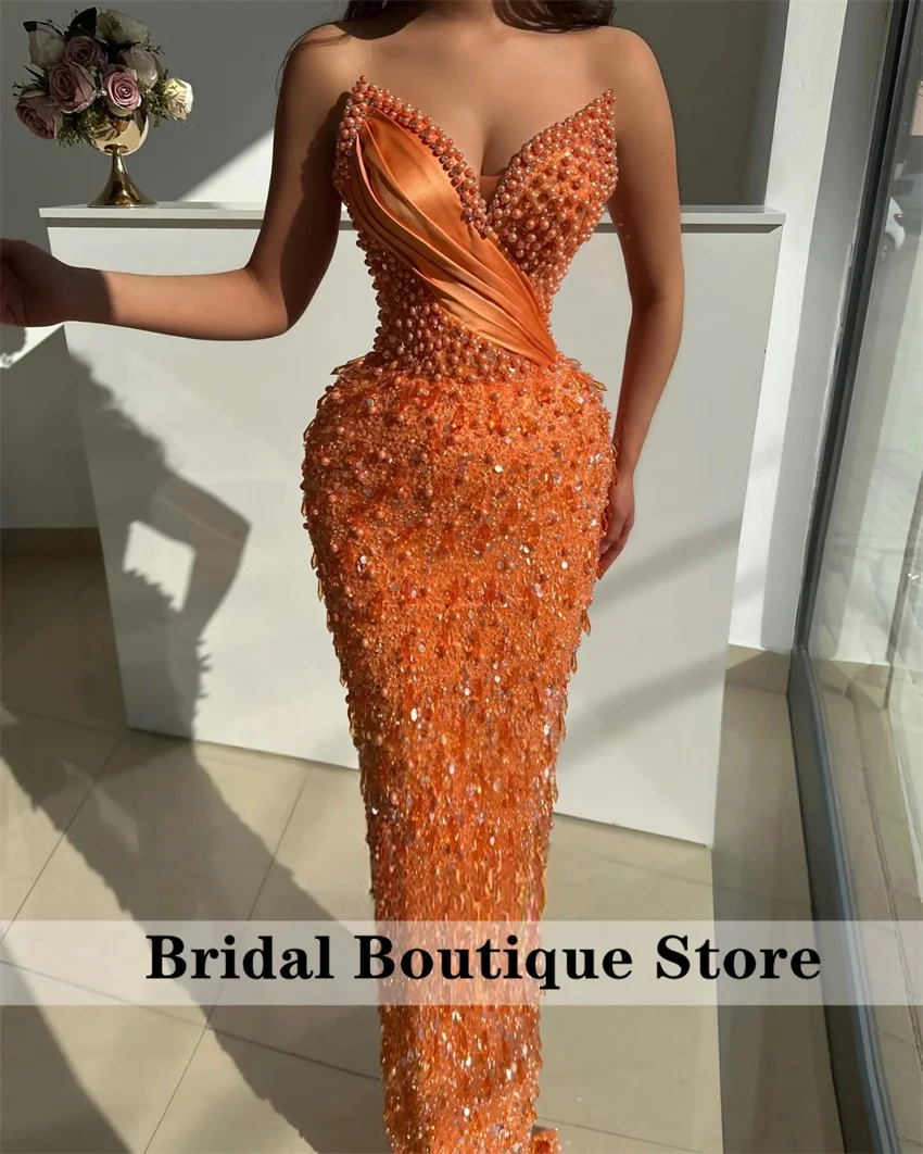 

Orange Mermaid Evening Dresses 2025 Beads Pearls Diamonds Prom Dresses For Special Occasions Birthday Party Customized