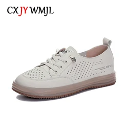 CXJYWMJL Genuine Leather Women Court Sneakers Summer Mesh Casual Vulcanized Shoes Ladies Sports Skate Shoes Flats Soft Sole