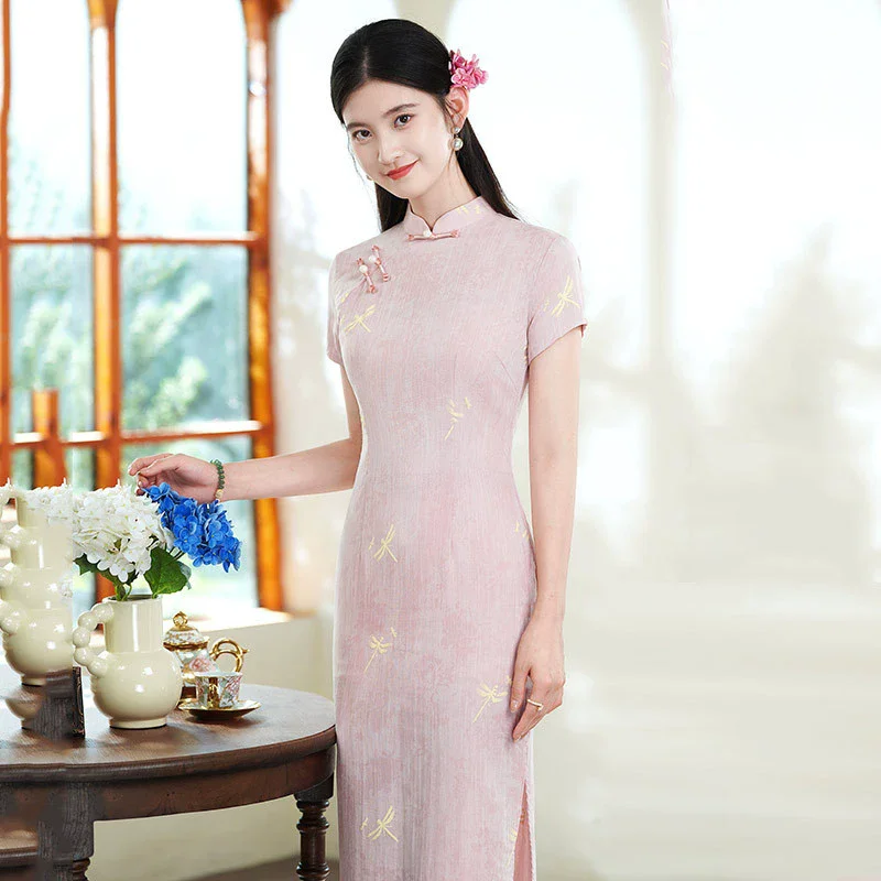 Chinese Style Long Cheongsam Summer 2025 Young Women Retro Slim Fit Short Sleeved Cheongsam Spring/Summer Qipao