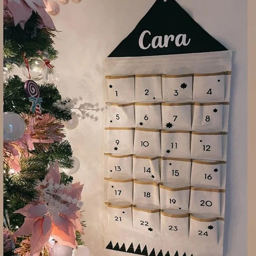 Christmas Advent Calendar Canvas With Roof Door 24 Pockets Gift Snacks Coins Organizer Wall Hanging Pocket Sundries