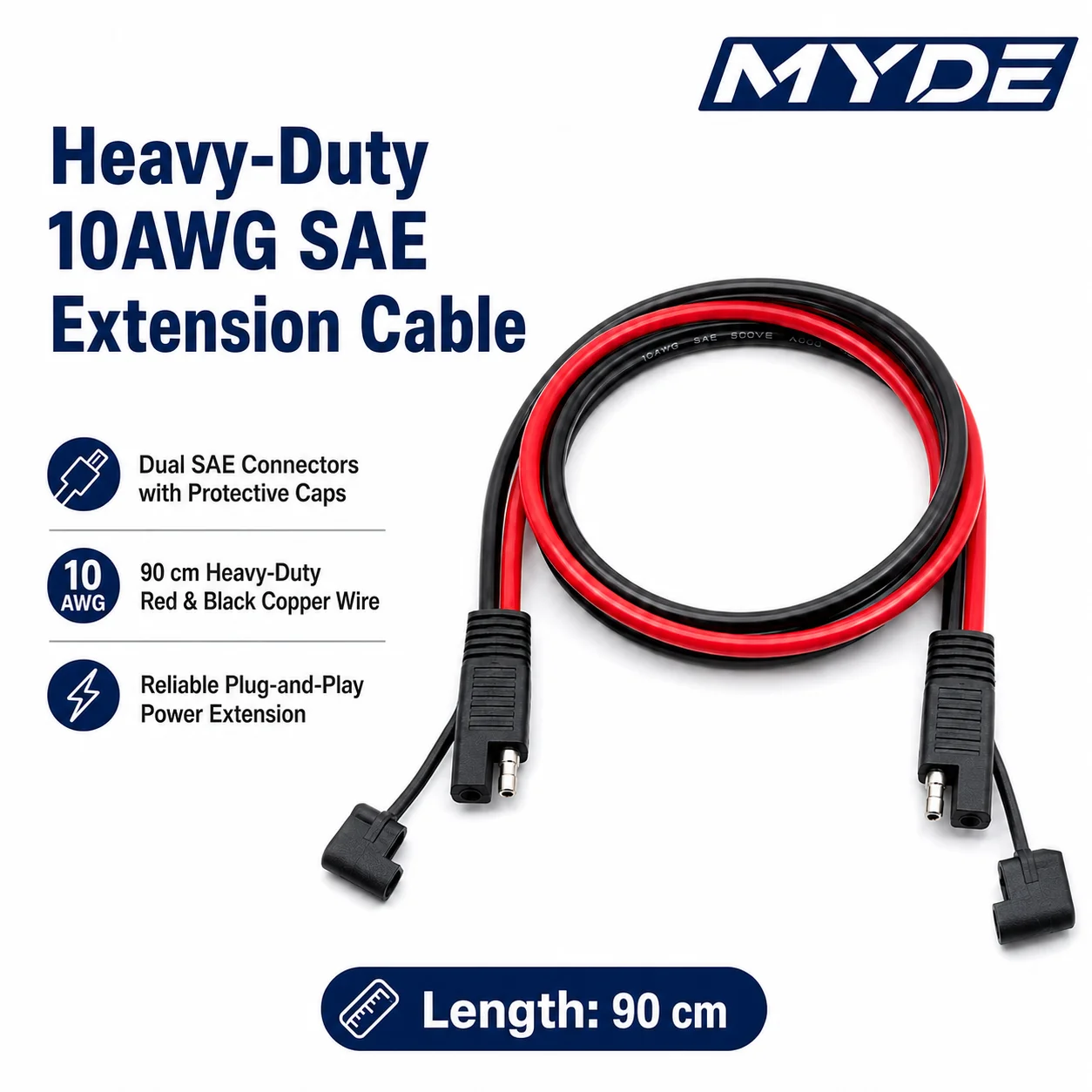 10 AWG SA-E to SA-E Extension Cord 90 cm with All-Weather Dust Protection Cover, Suitable for Solar Panels, RVs, Motorcycles
