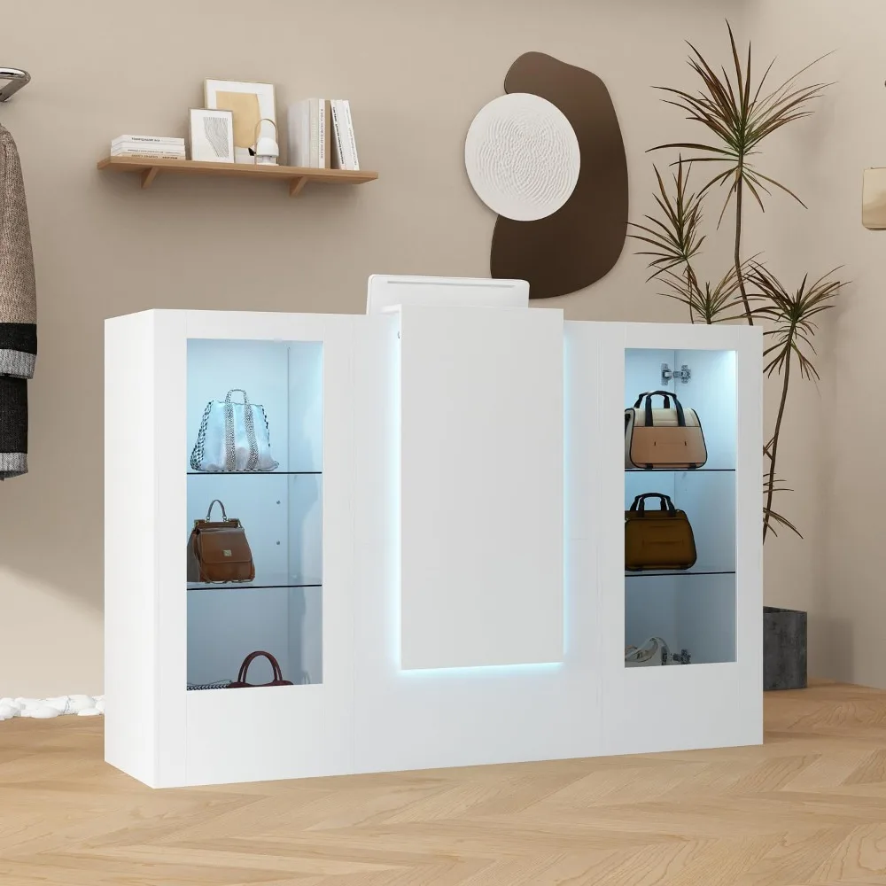 Reception Desk with Counter, 59.1 inch Front Desk with LED Light & Glass Display Shelf, Reception Room Table with Cable Grommet,