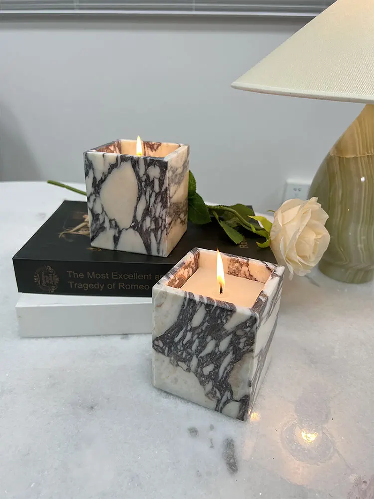 2pcs 9x9x11CM Candle Holder Cups and 1pc 12 x 8 x 0.62inches (30cm x 20cm) Tray French Calacatta Viola Violet Marble