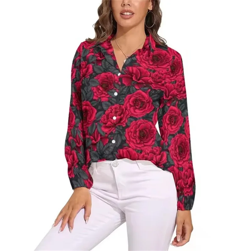 Red Roses Blouse Ladies Shirts Floral Print Retro Pattern Blouses Woman Casual Loose Shirts Spring Summer Long Sleeve Blouses