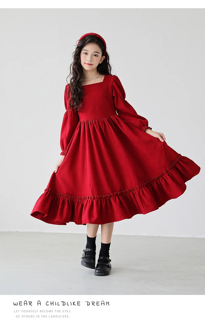 Kinder Mädchen Langarmkleider Herbst UNITIM 4-14 Jahre Kinder Mädchen Kleid mit quadratischem Kragen Rotes Kleid mit Rüschen Junior Mädchen Prinzessinnenkleider – Detail 2