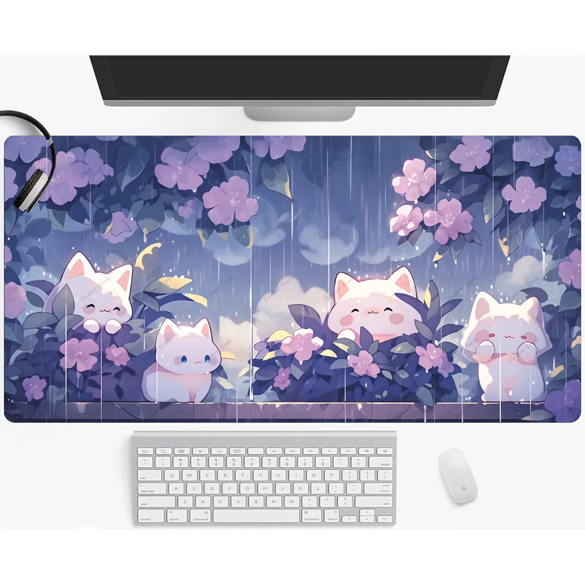 

Cute Cat in Rain Design Desk Mat Rubber Non-Slip Stitched Edges Ultra-Smooth Mouse Pad for Home Office