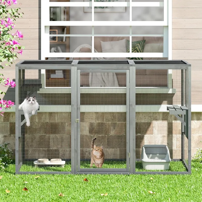 Outdoor Cat Enclosures Weatherproof Catio for Cats Large Cat Cage with 3 Platforms and Litter Box Wooden Cat Crate for Outside