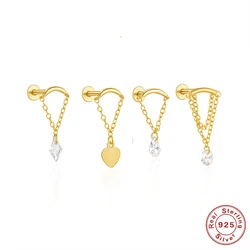 Aide 925 Sterling Silver 1piece Earring for Women Zircon  Fashionable  with Crystal Tassel Chain Syle Flat Head Piercing