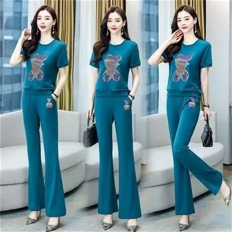 

2025 Women Short Sleeve Two-piece Set Korean Female Large Size 4XL Outfit Summer Ladies Fashion T-shirt Micro Pull Pants 2PCS
