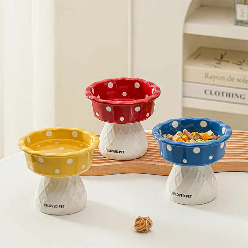 

Ceramic Elevated Cat Bowl with Wide Mouth & Non-Slip Base, Mushroom Design High Neck Pet Food Dish for Kittens and Adult Cats
