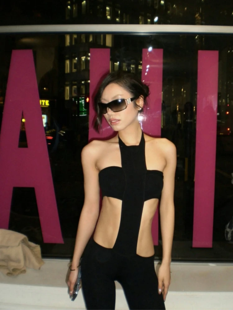 Women's Trendy Halter Neck Cross Strap Cutout Bodysuit - Black/White Slim Fit Bodycon Bodysuit, Sexy Hot Girl Chic Spring Summer