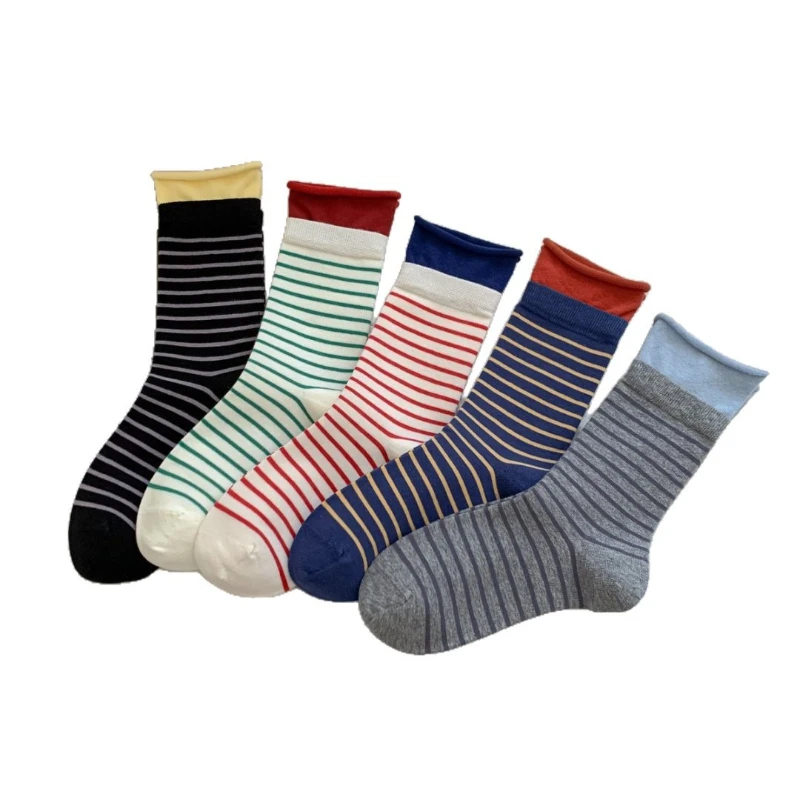 

2 Pairs of Women's Mid To Small Leg Socks Fashionable Stripes Korean Version Simple Spring and Autumn Solid Color Mid Tube Socks