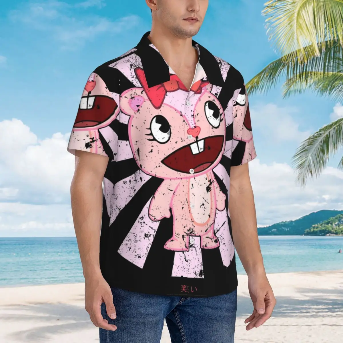 

Giggles Japanese Happy Tree Friends Hawaiian Shirts Funny Men Short Sleeve Shirt for Summer Beach Men's Lapel Tops