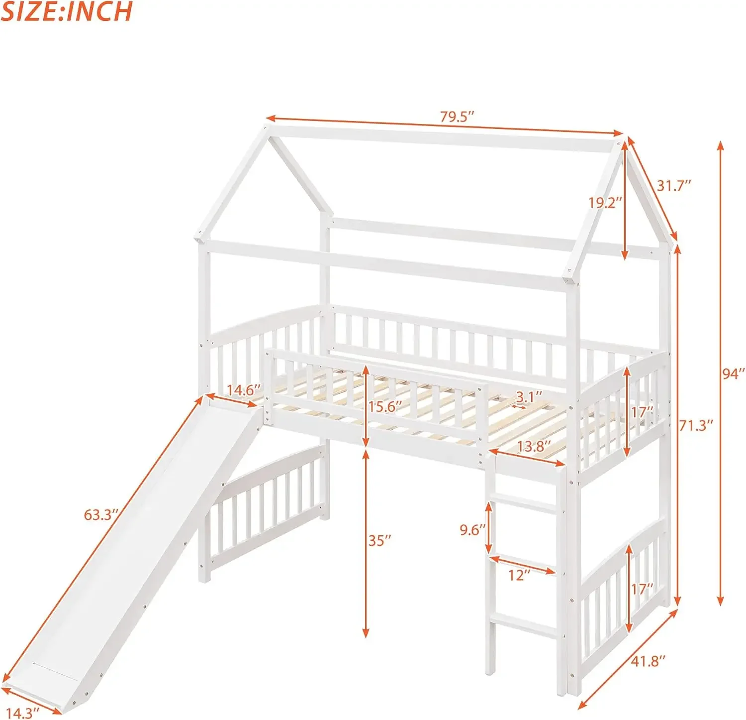 USA Stock House Loft Bed with Slide, Twin Loft Beds with Ladder & Headboard & Footboard Playhouse Bed for Kids Girls/Boys, White