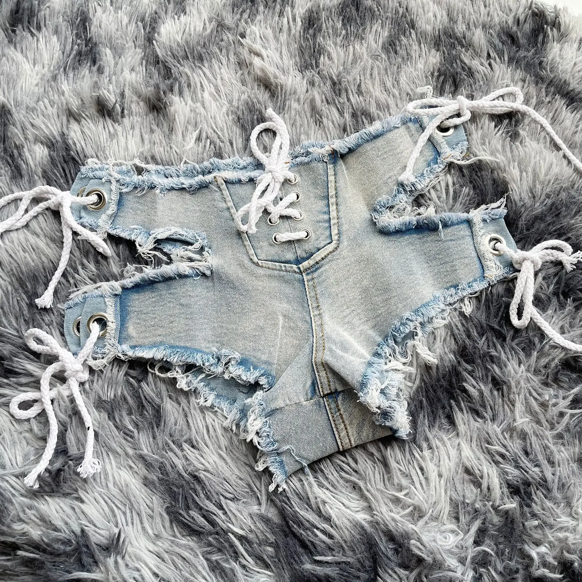 2025 New Summer Sexy Women's Denim Shorts Jeans Elastic Tight Low Waist Bandage Lace Up Shorts