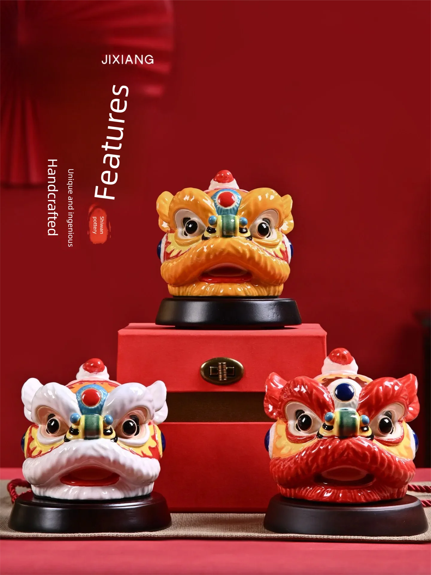 Guochao Awakening Lion Figurine Ceramic Decorative Craft Lion Dance Lingnan Foshan Cultural Creative Souvenir Chinese-Style Gift