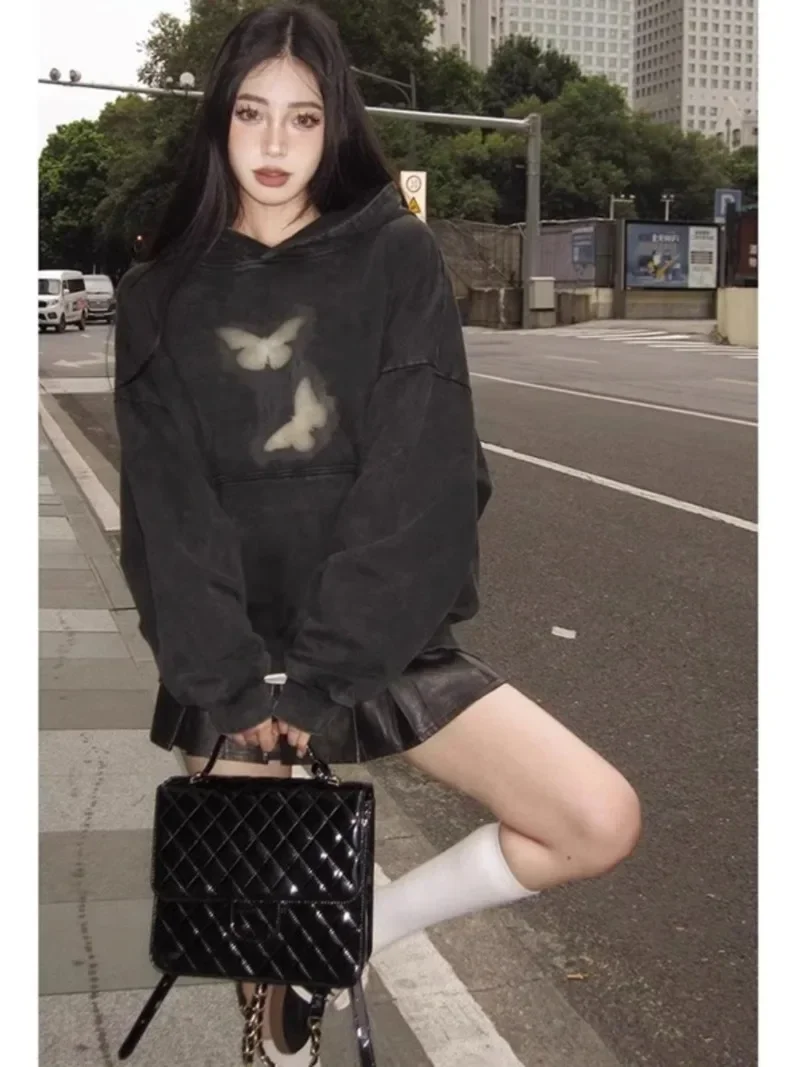 Autumn Winter Butterflies Print Black Hoodie Women Streetwear Harajuku Oversized Hoodies Pullover Sweatshirts Y2k Clothes