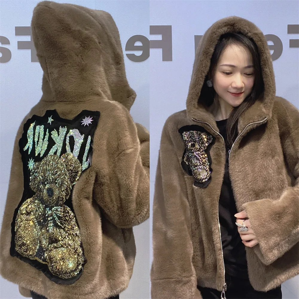 جديد الشتاء الكرتون الدب فو الفراء هوديس معطف امرأة معطف فرو المنك Y2k الملابس الدفء اليابانية الكورية موضة المتضخم القمم