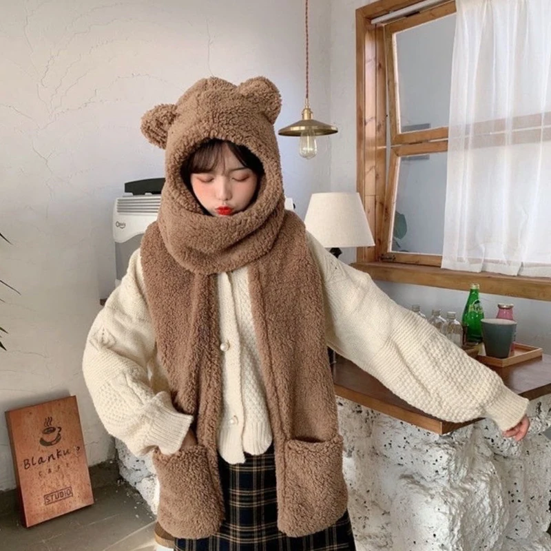 Autumn And Winter Cartoon Cute Bear Hat Scarf Three-in-one Korean Style Hat Warm And Comfortable Ear Protection All-in-one Hat