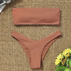 2024 New Bikini High Waist Strapless Sexy Bikini Women Swimwear Women Swimsuit Padded Bathing Suit Monokin Pure Color