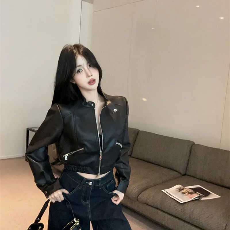 Hong Kong Sle ort Biker Jaet femmes taille haute manteau en cuir PU polyvalent automne nouveauté Faion haut pour femme