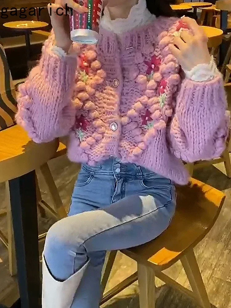 Gagarich Sweater Women Spring Autumn 2025 New Retro Heavy Industry Crochet Design Niche Pink Knitted Sweaters Cardigan Top