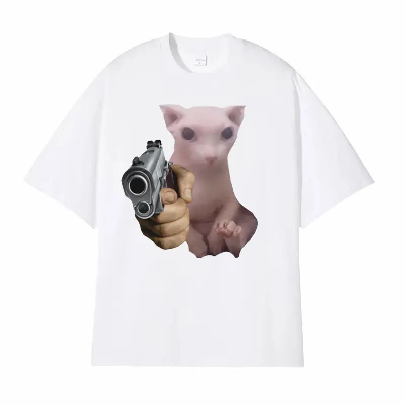 Funny Bingus with Gun Cat Meme Tee Shirt Men Women\'s Casual Harajuku Fashion T-shirts Male 100% Cotton O-Neck Loose T Shirt Tops