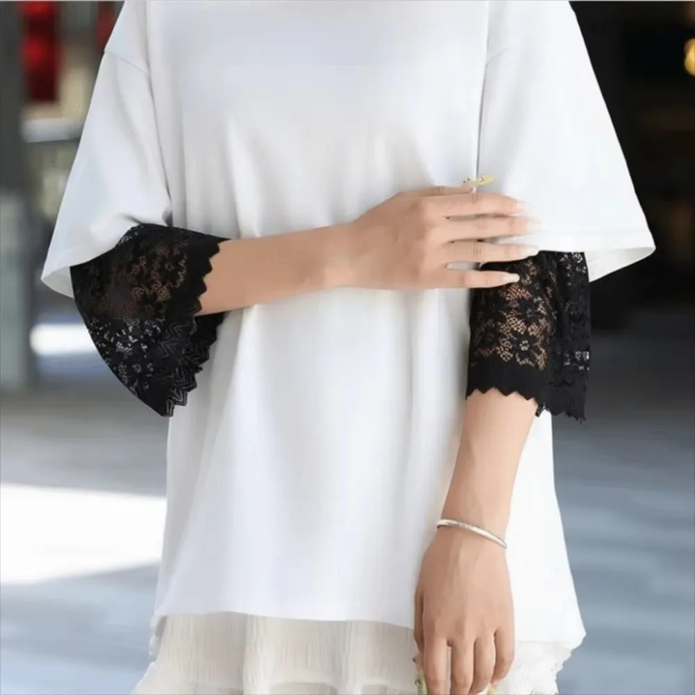 Elegant Solid Color Lace Floral Cuffs Bell Sleeves Mesh Fake Sleeves White Stretchable Wrist Accessories Wedding Dress
