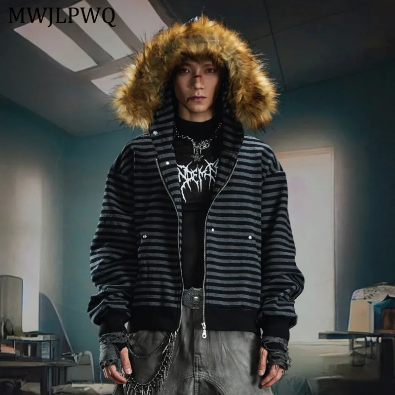 

MWJLPWQ Niche Y2K Fur Patchwork Zipper Hooded Sweatshirt Men's High Street Jacket Striped Niched Design Casual Tops Trendy 11494