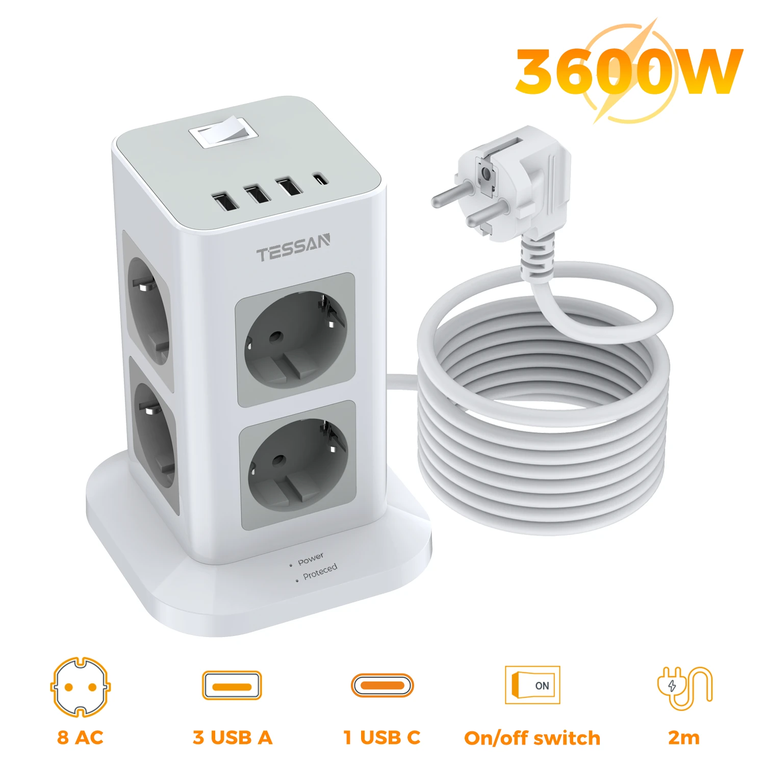 TESSAN Tower Extension Power Strip met USB EU-stekker Tower Meerdere stopcontacten met schakelaar Overspanningsbeveiliging 2M verlengstopcontact
