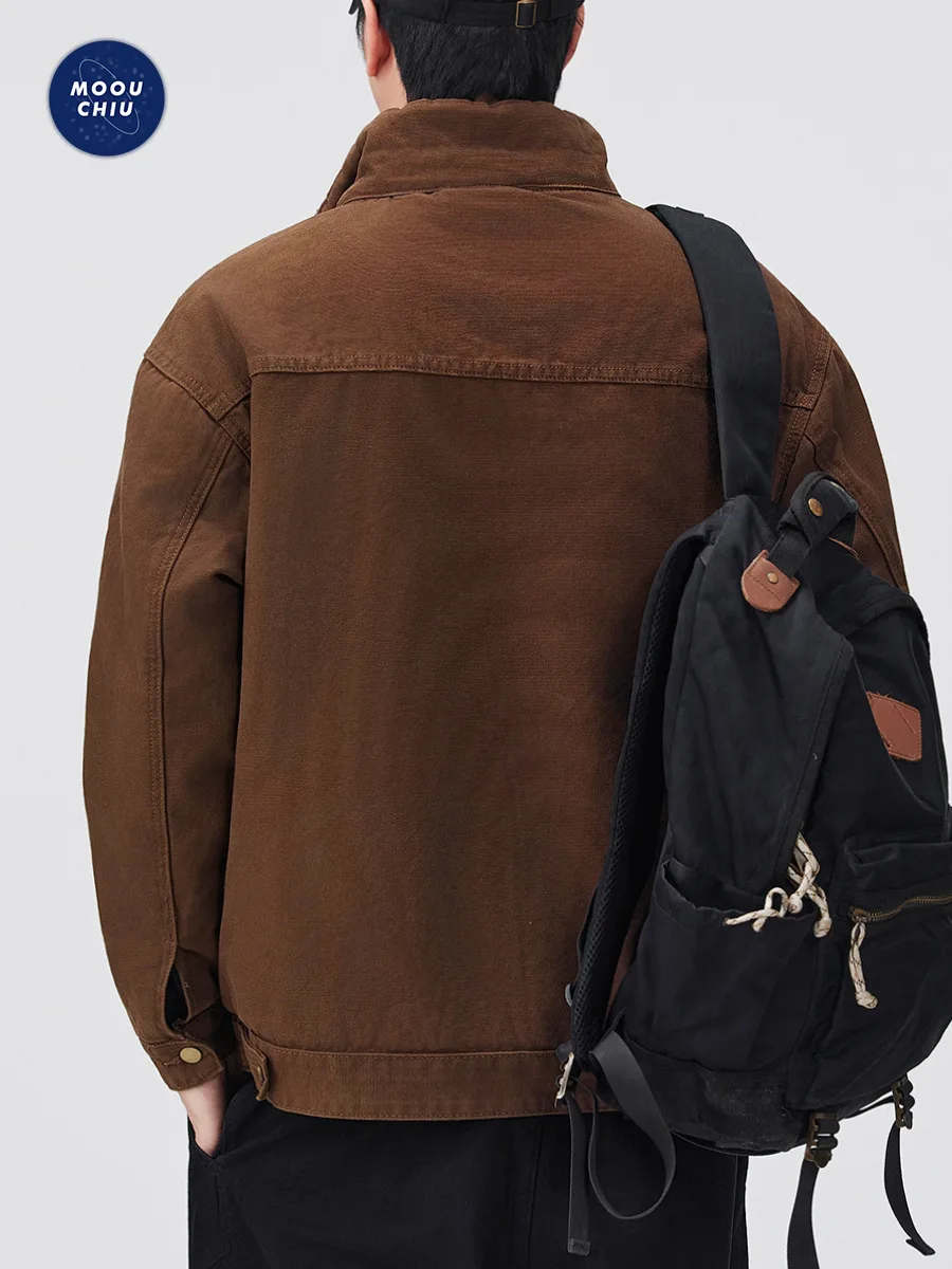Men's Winter Warm Thickened Lambswool Retro Workwear Jacket Loose Washed Denim Style for Casual Outerwear