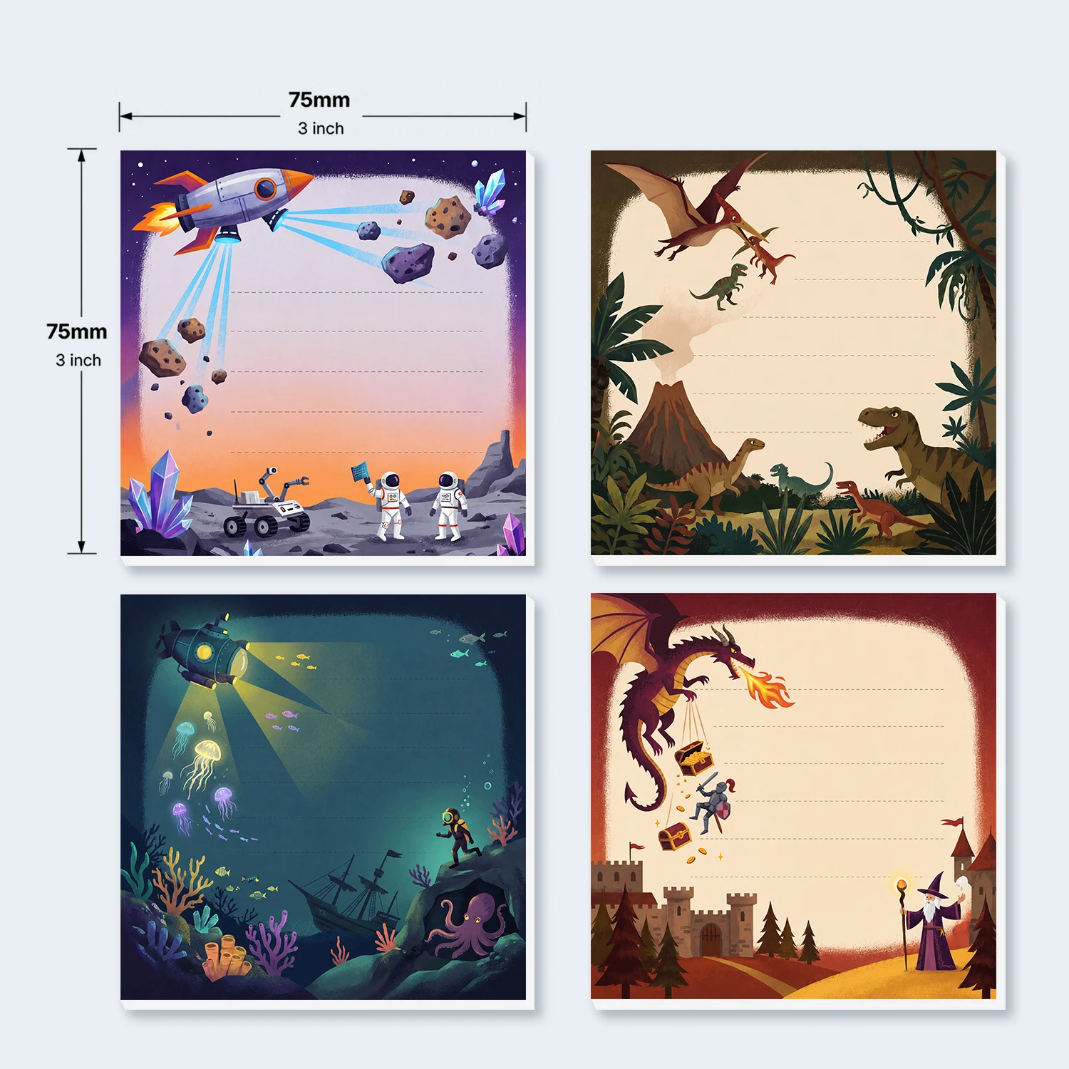 4PCS Adventure Theme Self Adhesive Sticky Notes 200 Sheets Space Dinosaur Underwater Dragon Fantasy Lined Memo Pads Office Stati