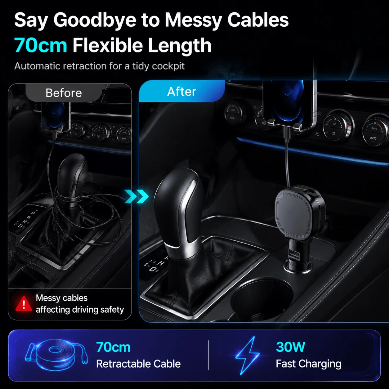 30W PD Retractable Car Charger USB C Fast Charging 70cm Built in Cable USB A Dual Device Phone Charger 12V 24V