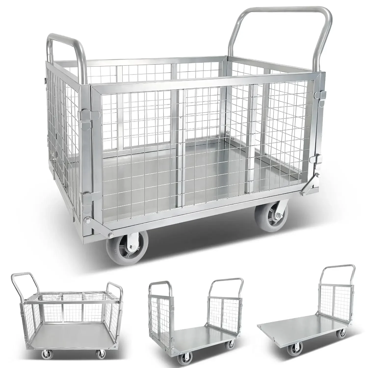 Truck Cart with Cage 4-in-1 Heavy Duty Push Cart Dolly Load 1800LBS W/Swivel Casters, Multipurpose Heavy-Duty Platform Hand Truc