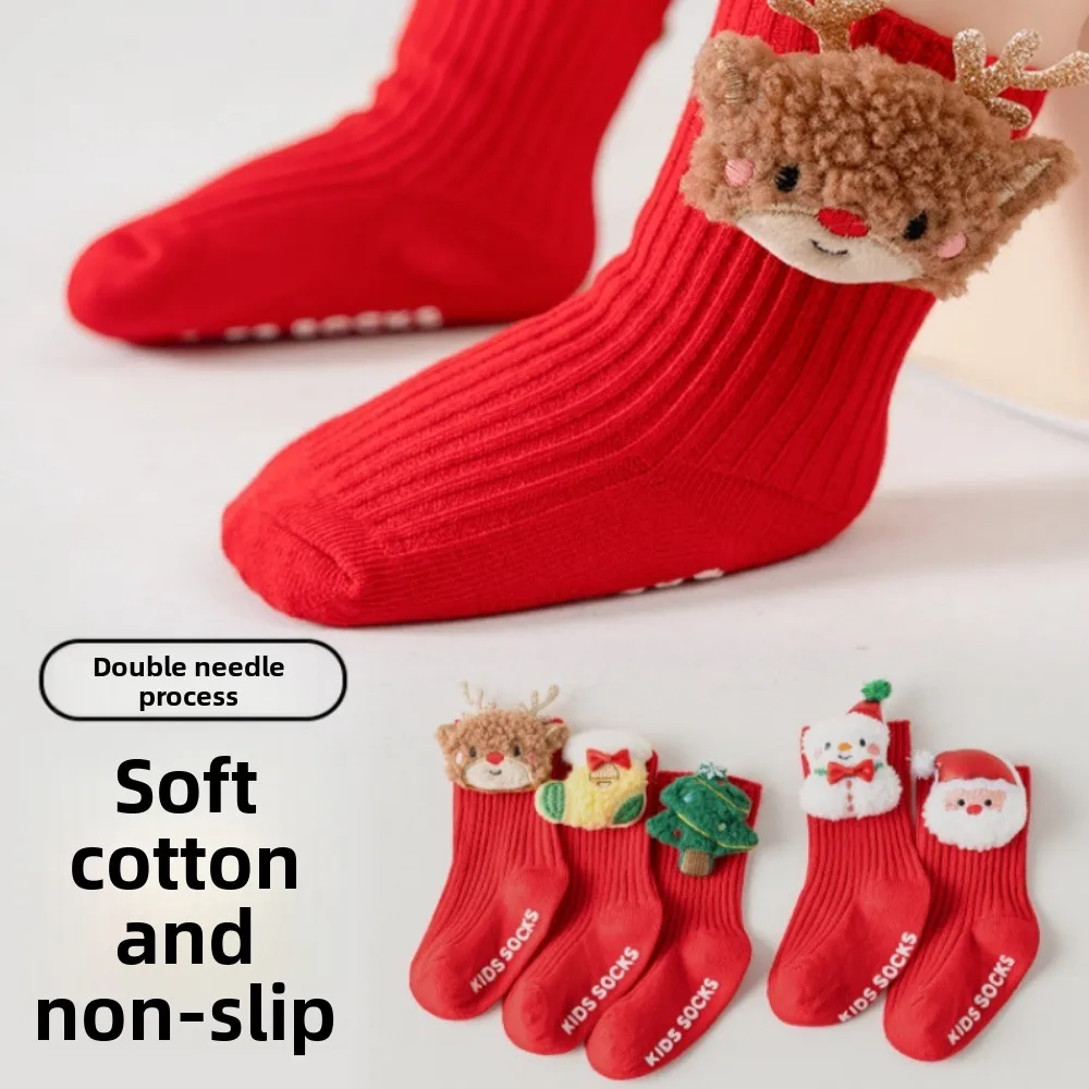 

Зимние красные рождественские детские носки, рождественские милые толстые теплые носки с изображением лося и снеговика, противоскользящие детские чулки для детей 0-3 лет для мальчиков и девочек
