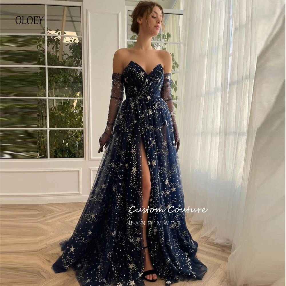 

OLOEY Navy Blue Glitter Starry Tulle Prom Dresses Sweetheart High Slit A-Line Maxi Evening Party Dresses 2023 Formal Prom Gowns