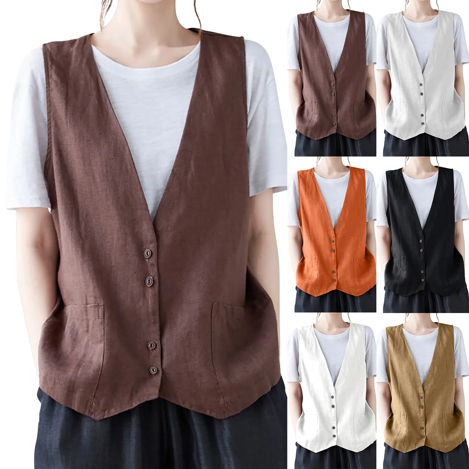 Women'S Cotton Linen Vests Spring Summer Casual Button Down V Neck Waistcoat Jackets Daily Commute Matching Fashion Simple Vests