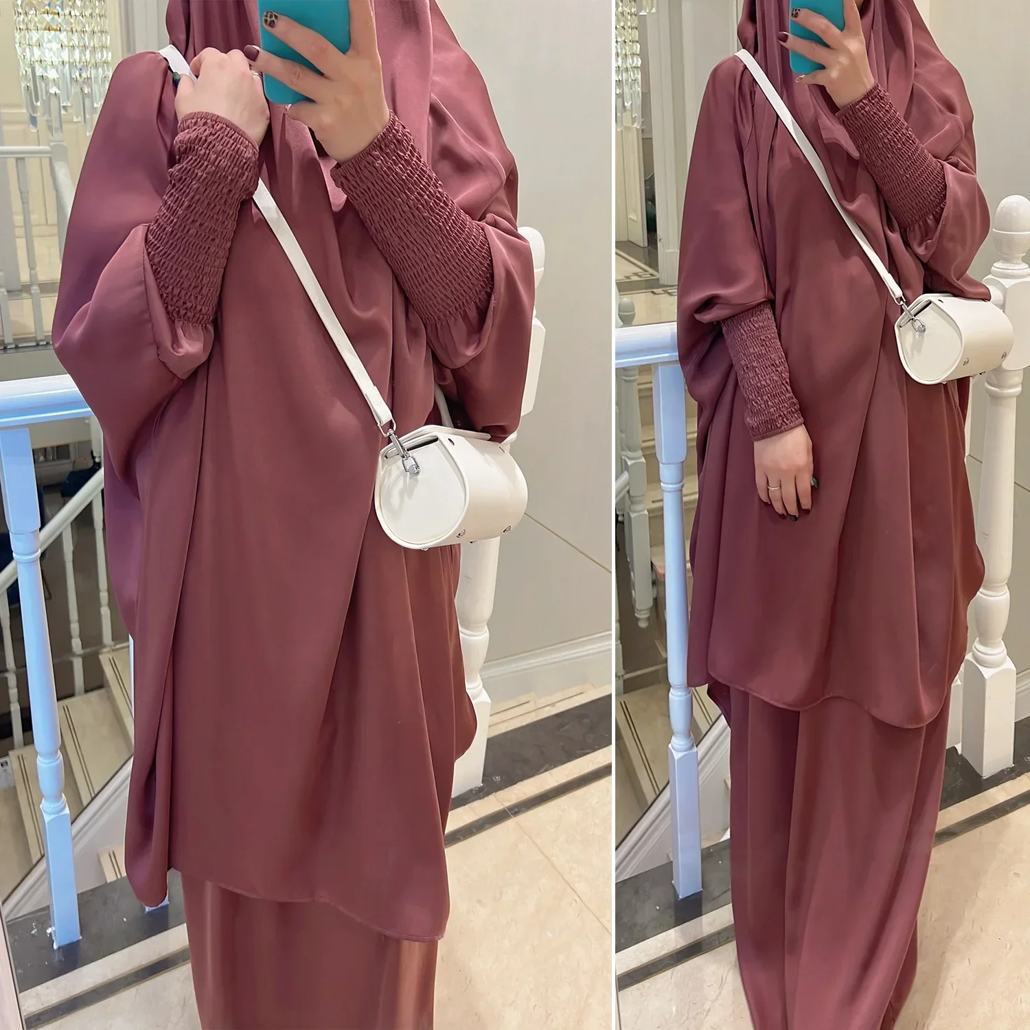 Satyna Abaya i Khimar zestaw dla kobiet Jilbab 2 sztuka islamska z kapturem Abayas Ramadan Eid muzułmańska modlitwa odzieży dubaj turcja Burqa