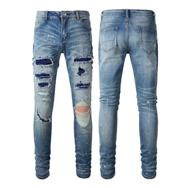 Four Seasons New Fashion Men's Light Blue Hole Skinny Jeans Pants Casual Diamond Studded Elastic Denim Trousers Male Streetwear