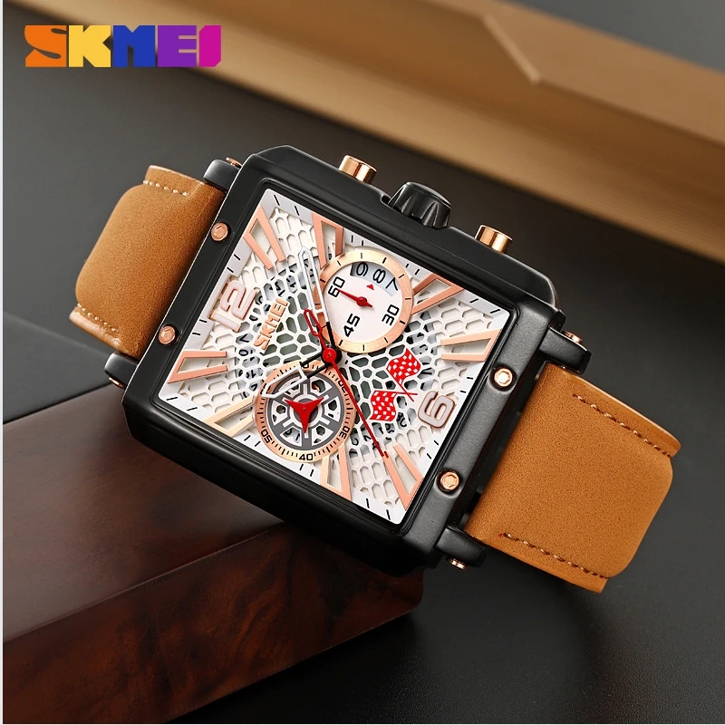 SKMEI Creative Hollow Dial Leather Strap Square Quartz Watch, Men's Business Casual Watch