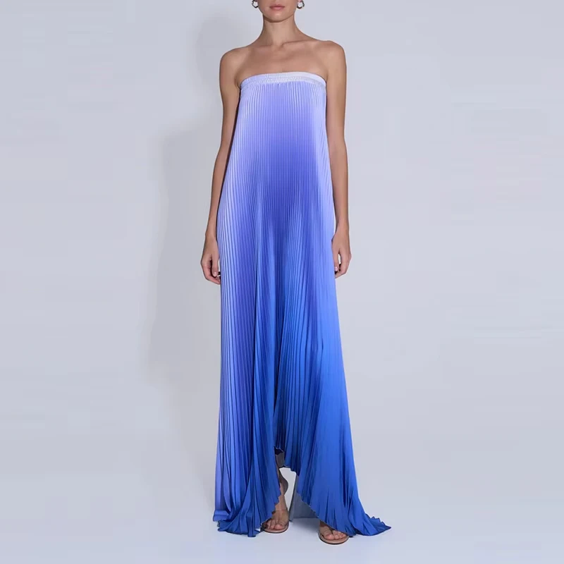 Women Elegant Big Hem One Shoulder Party Dress Show Style Pleated Gala Gowns Banquet New 2024 Gradient Tube Tops Evening Dress