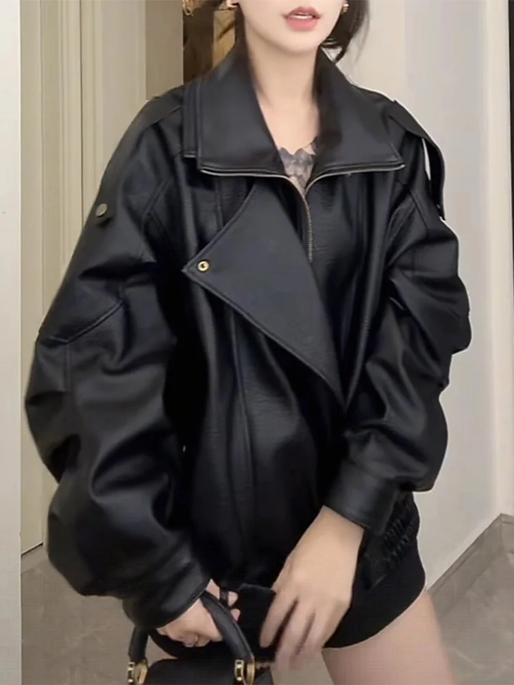 

Retro Korean Sle Bla Leather Jaet Women's Faion Slimming Streetwear Sle Zipper Closure Long Sve Regular Fit