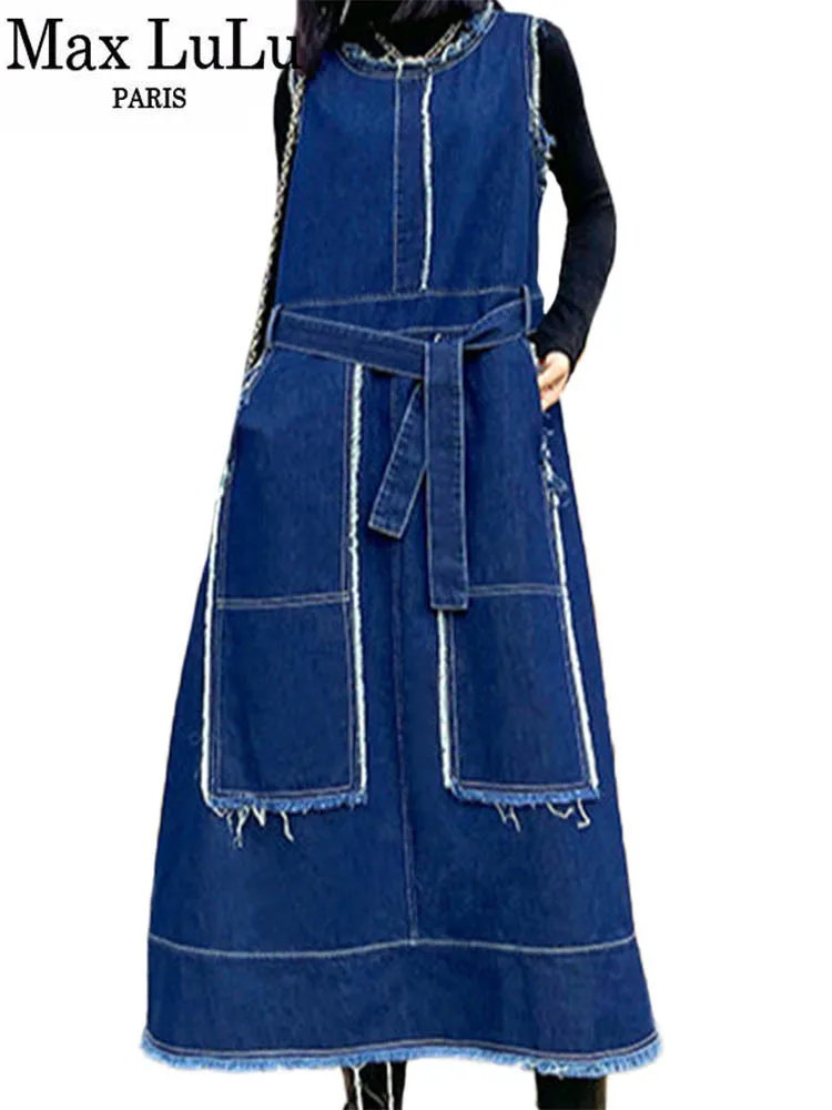 Max LuLu European Luxury Fashion Spring Women Vintage Denim Vest Dress Ladies Casual Sleeveless Vestido Female Oversized Clothes