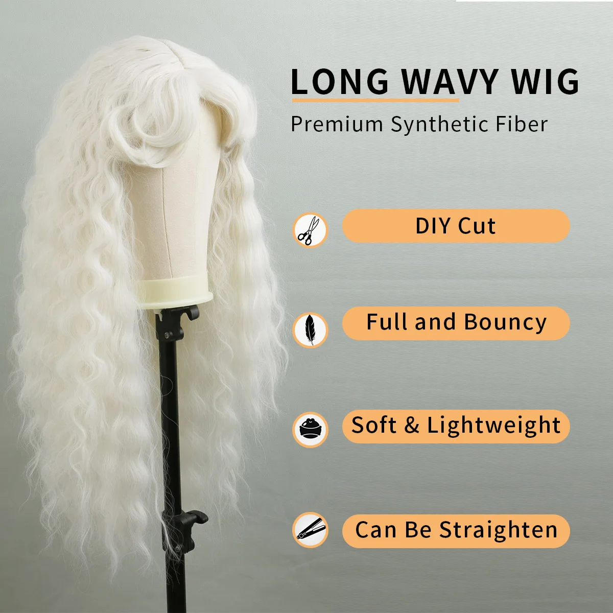 Wig Panjang Sintetis Bulu Halus Bergelombang Alami Putih dengan Poni untuk Cosplay Harian Halloween 28 Inci